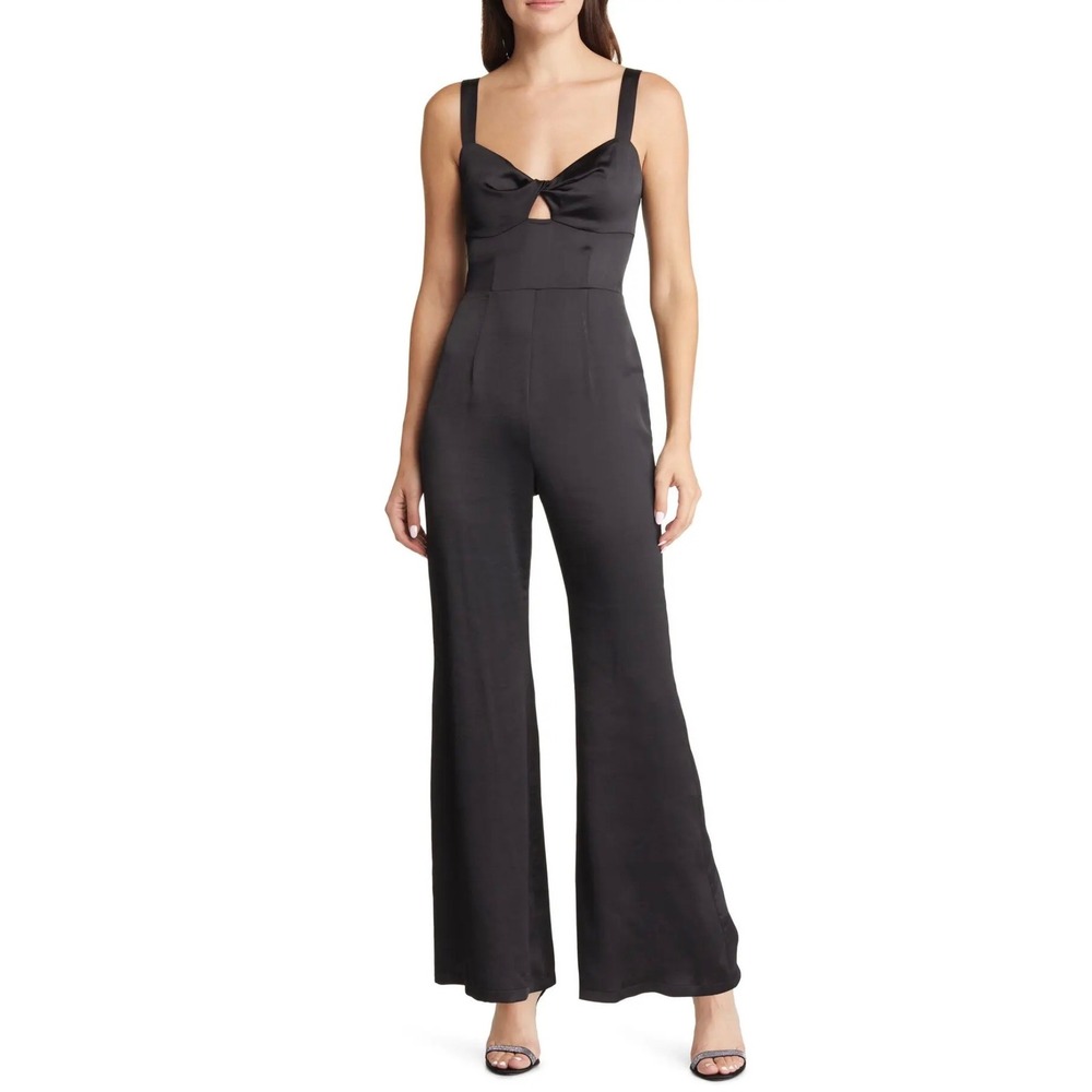 Chelsea28 Womens Black Satin Twist Front Wide Leg Jumpsuit Size Medium Women's